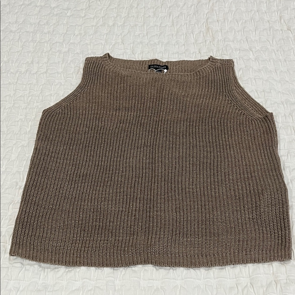 Eileen Fisher Mocha Organic Linen Bateau Neck Shell Sleeveless Sweater XS NWT
